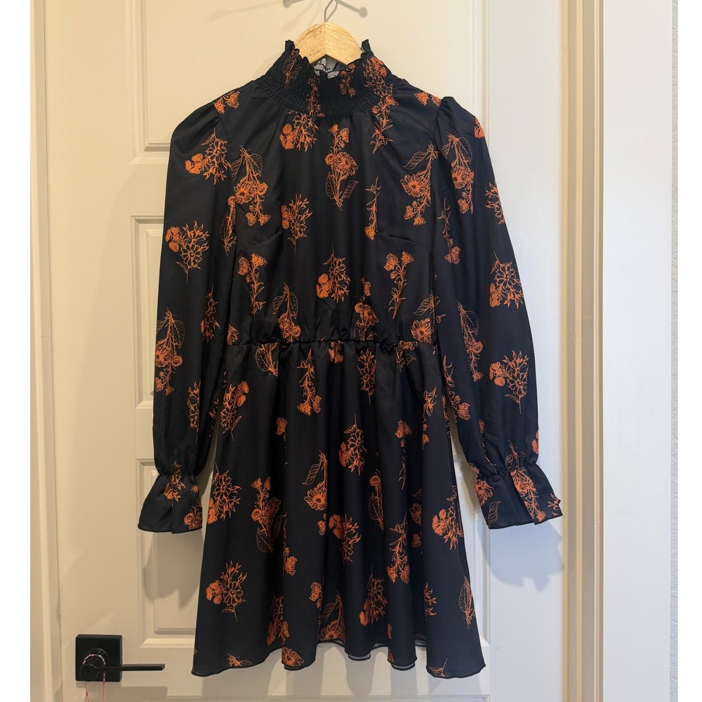 Floerns Cottagecore Victorian Mini Dress S Black Orange Floral Long Sleeve